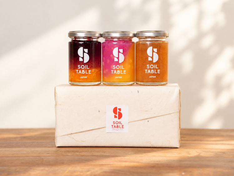 SOIL TABLE 季節を贈るギフトボックス 3本セット「紫芋&安納芋&りんごジャム・いちじくジャム・ブルーベリー&苺&伊予柑ジャム」【送料込み】