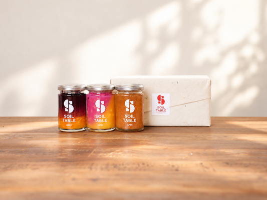 SOIL TABLE 季節を贈るギフトボックス 3本セット「紫芋＆安納芋＆りんごジャム・いちじくジャム・ブルーベリー＆苺＆伊予柑ジャム」【送料込み】